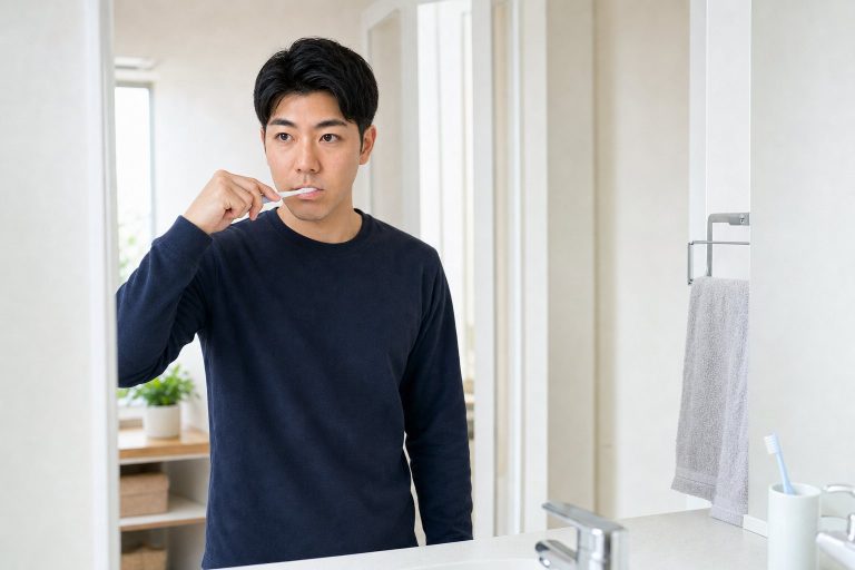朝の洗面所で歯を磨く男性
