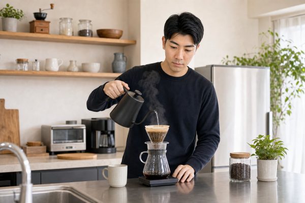 キッチンでコーヒーを淹れる男性