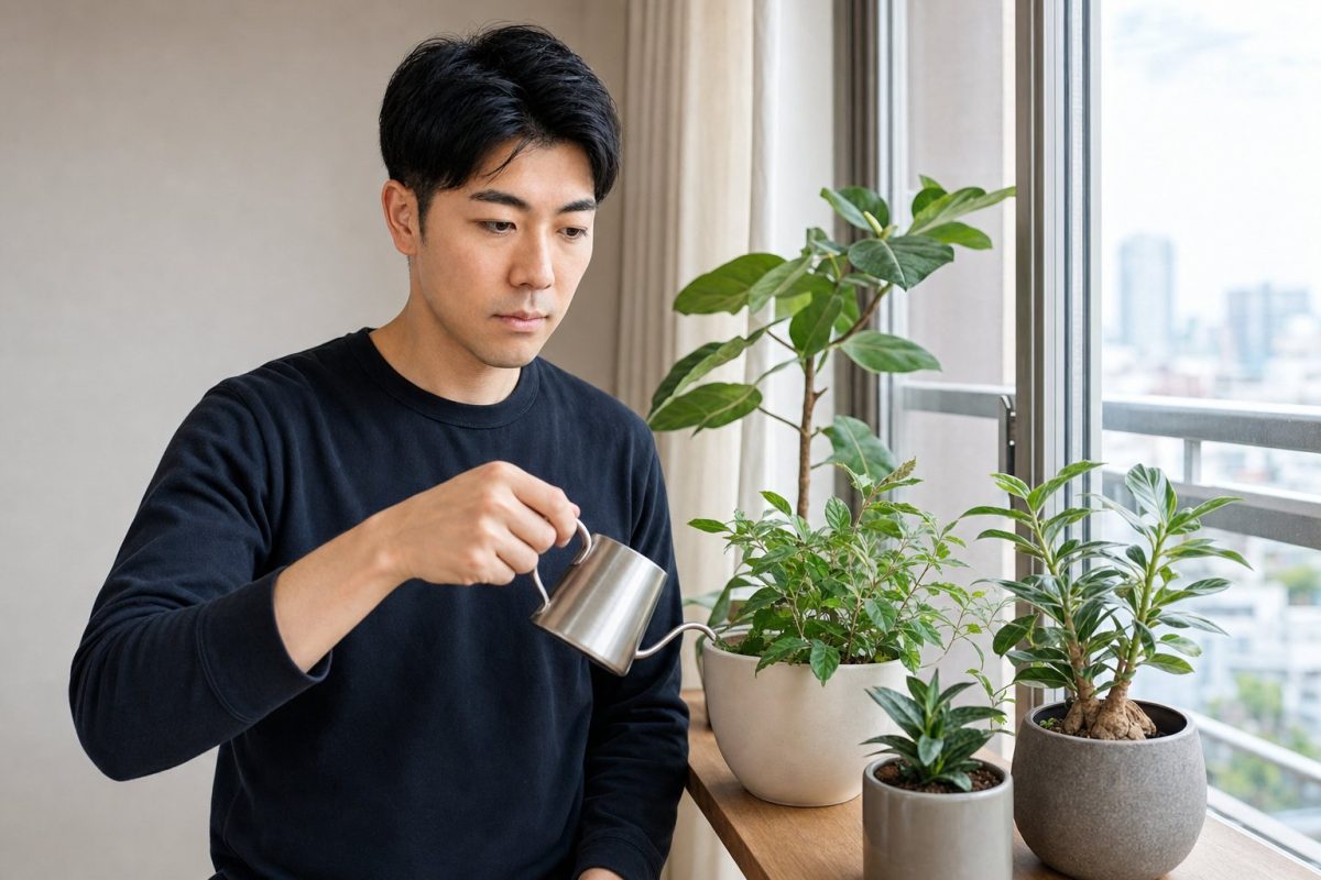 窓際の観葉植物に水やりする男性