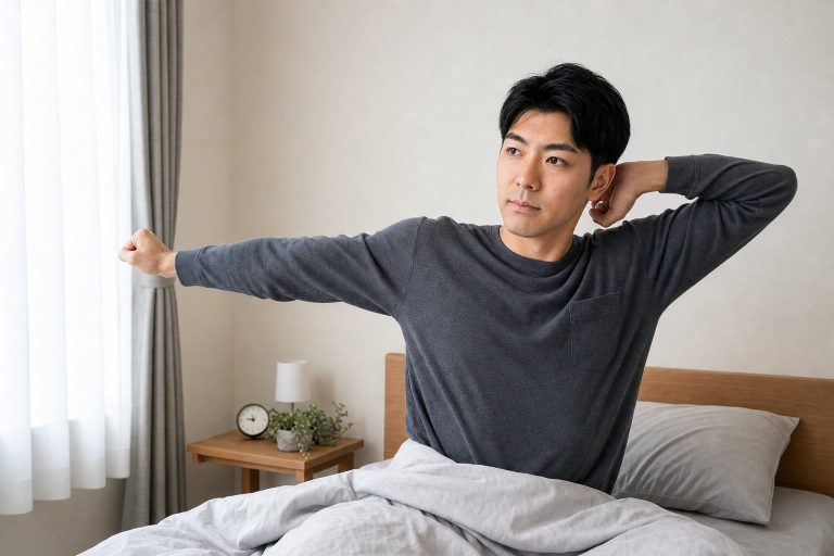 ベッドで目覚めて伸びをする男性