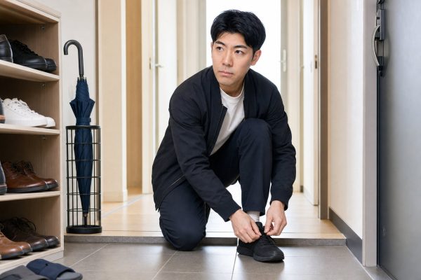 玄関で靴を履く男性