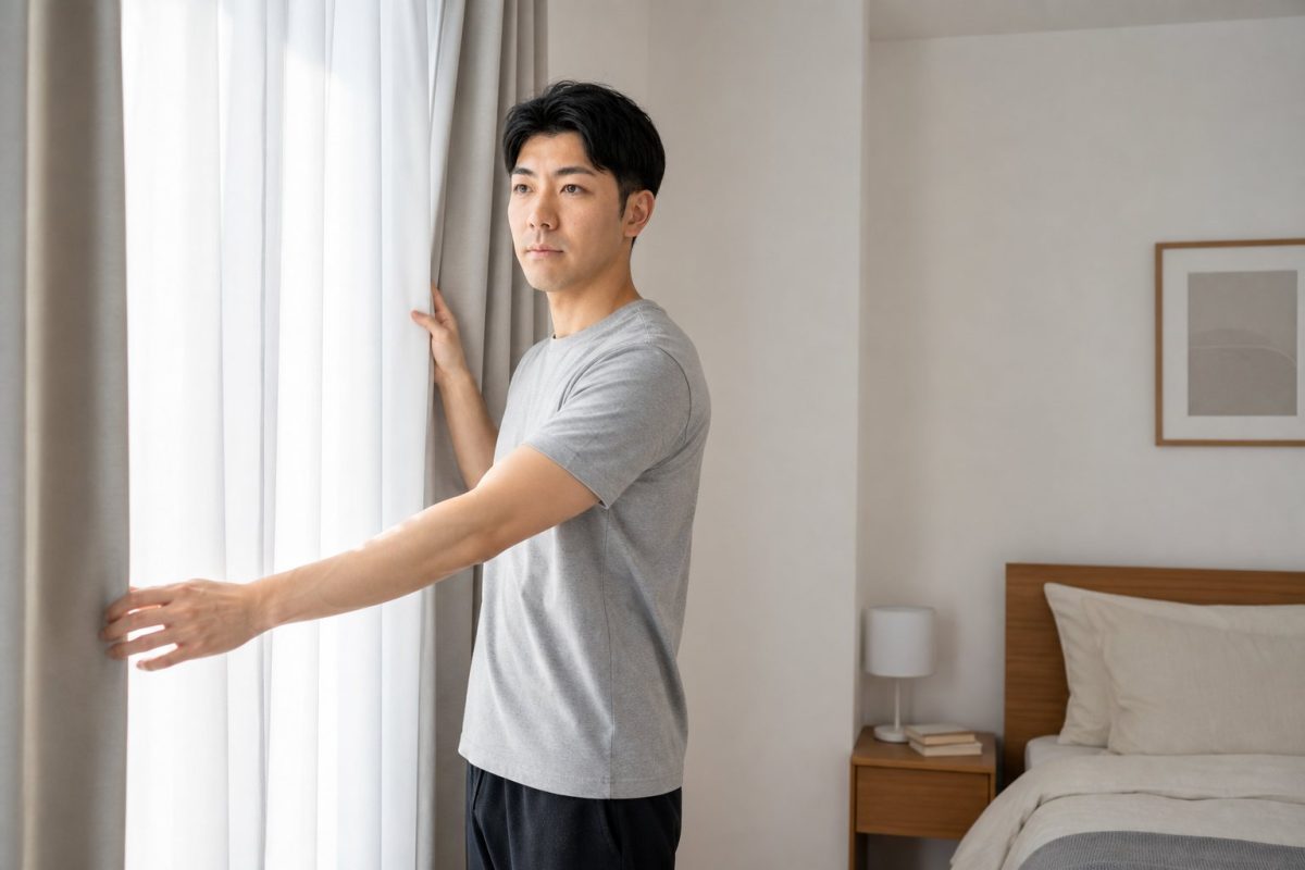 朝カーテンを開ける男性