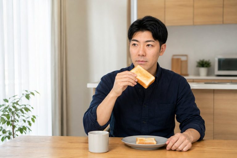トーストとコーヒーの朝食をとる男性