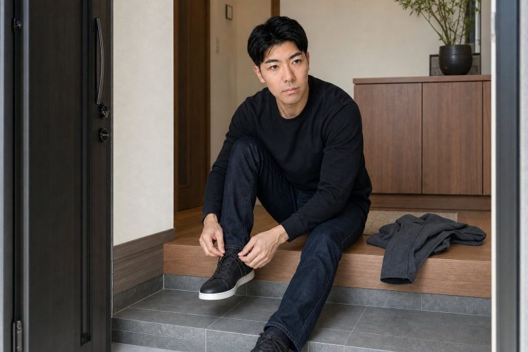 出かける前に玄関で身支度する男性