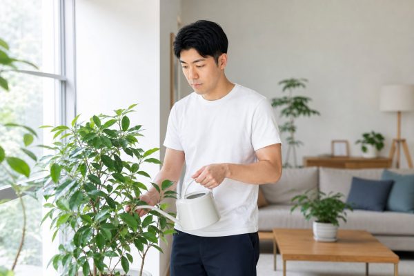 観葉植物の手入れをする男性