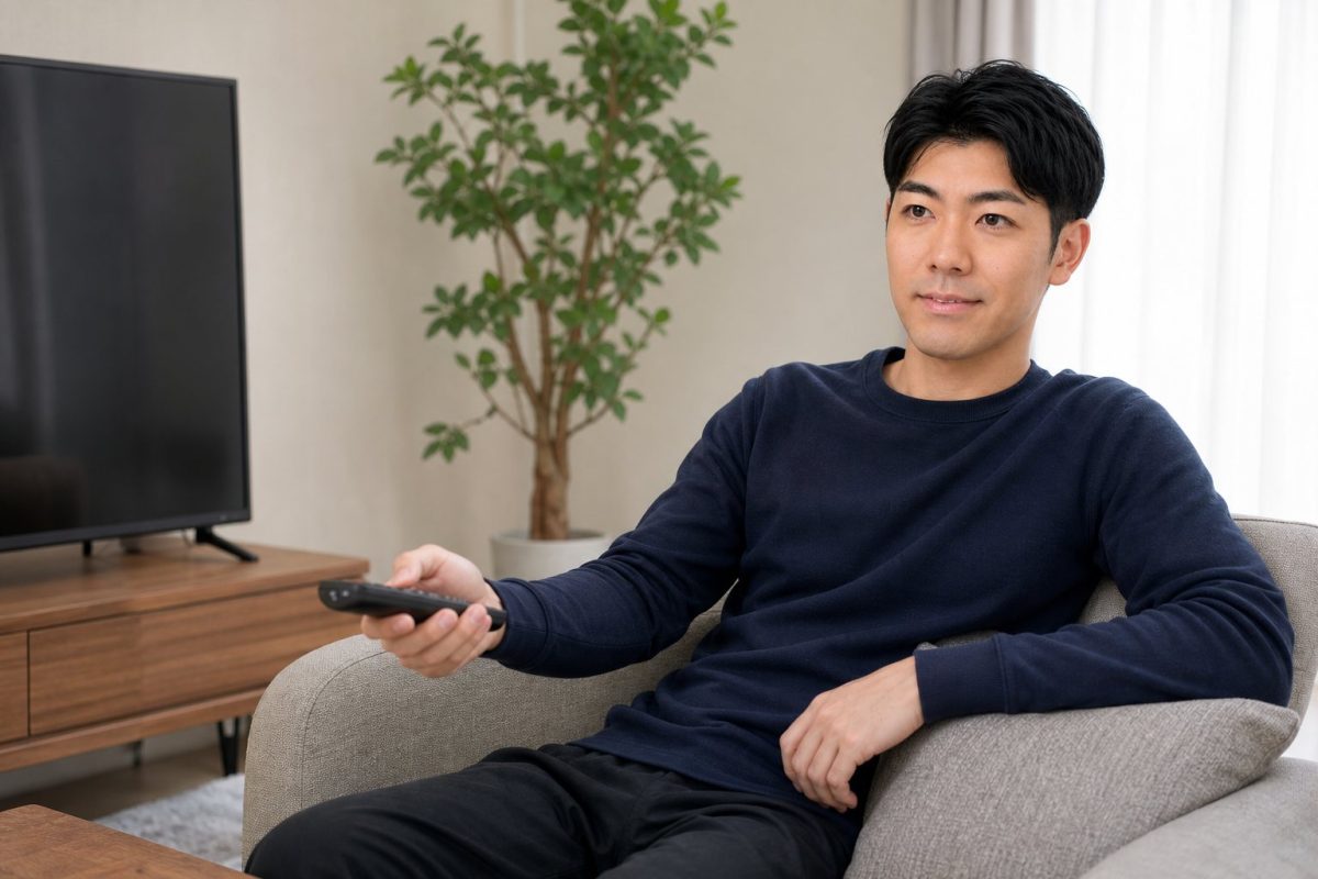 ソファでリモコンを手にくつろぐ男性