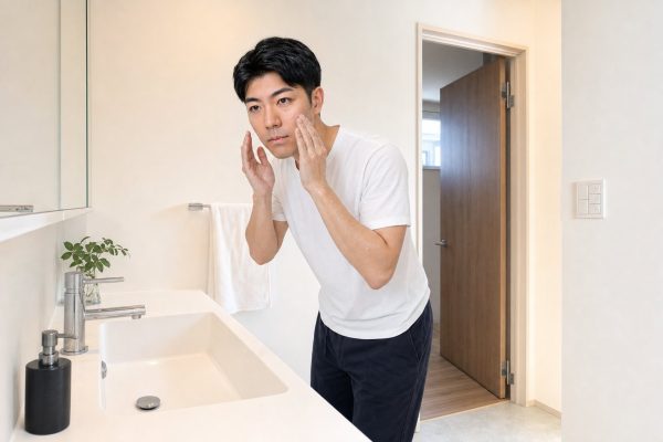 朝の洗面所で顔を洗う男性