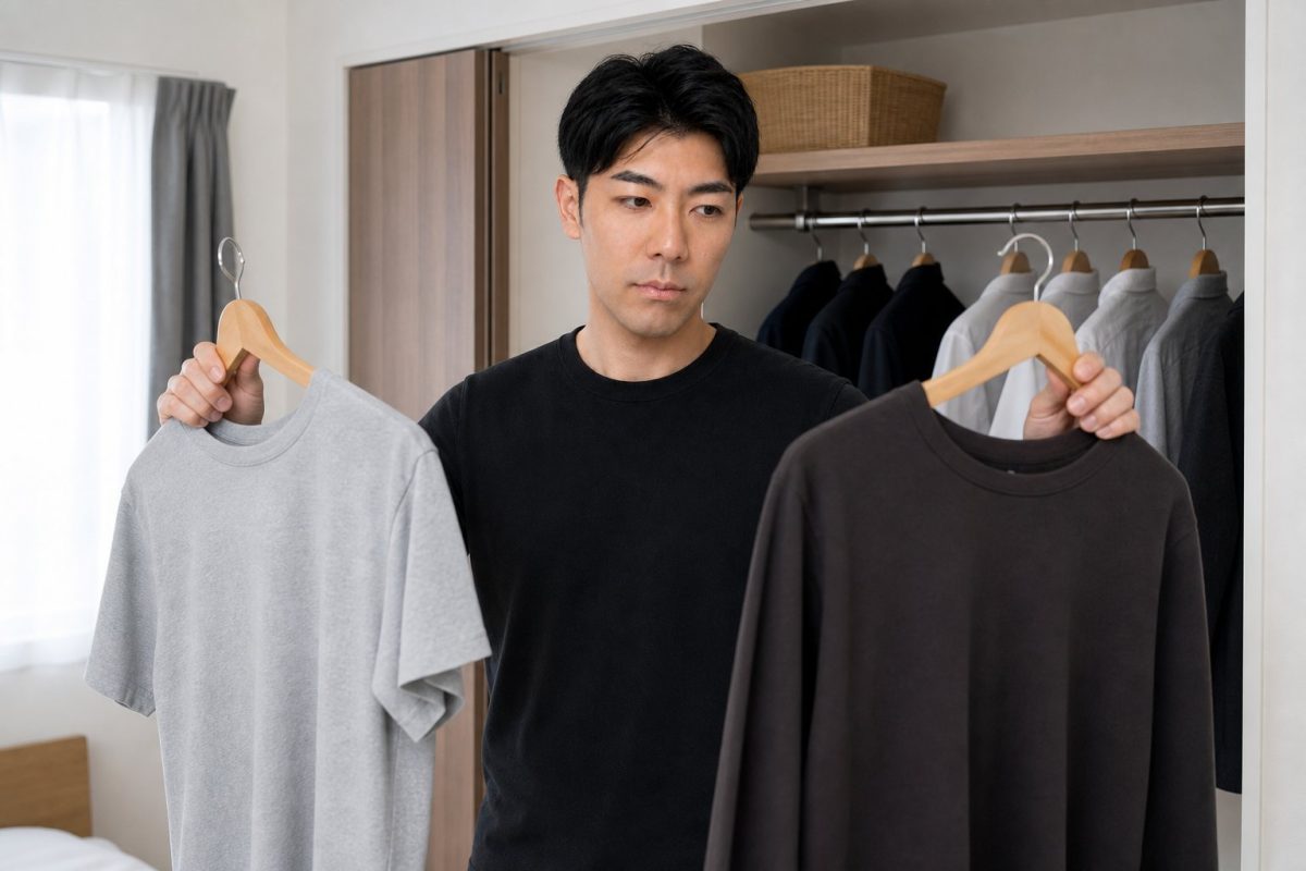 クローゼットで服を選ぶ男性