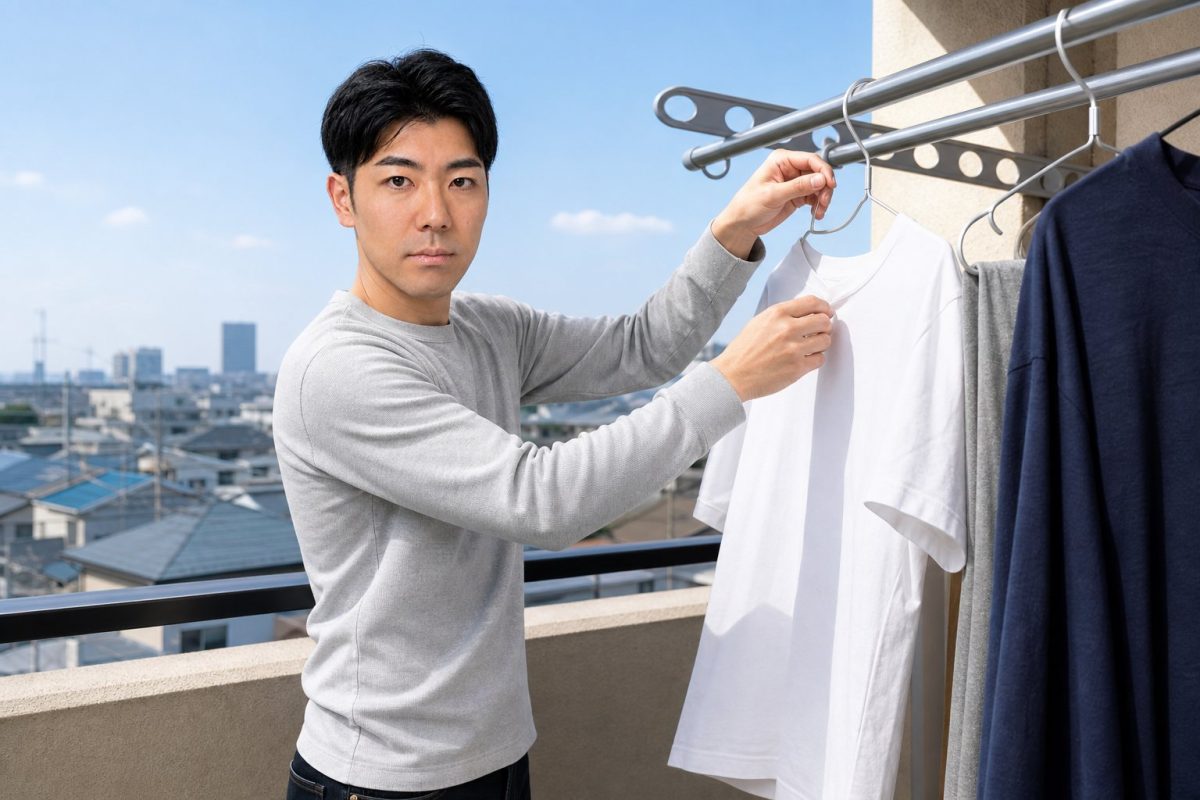 洗濯物を干す男性の横顔