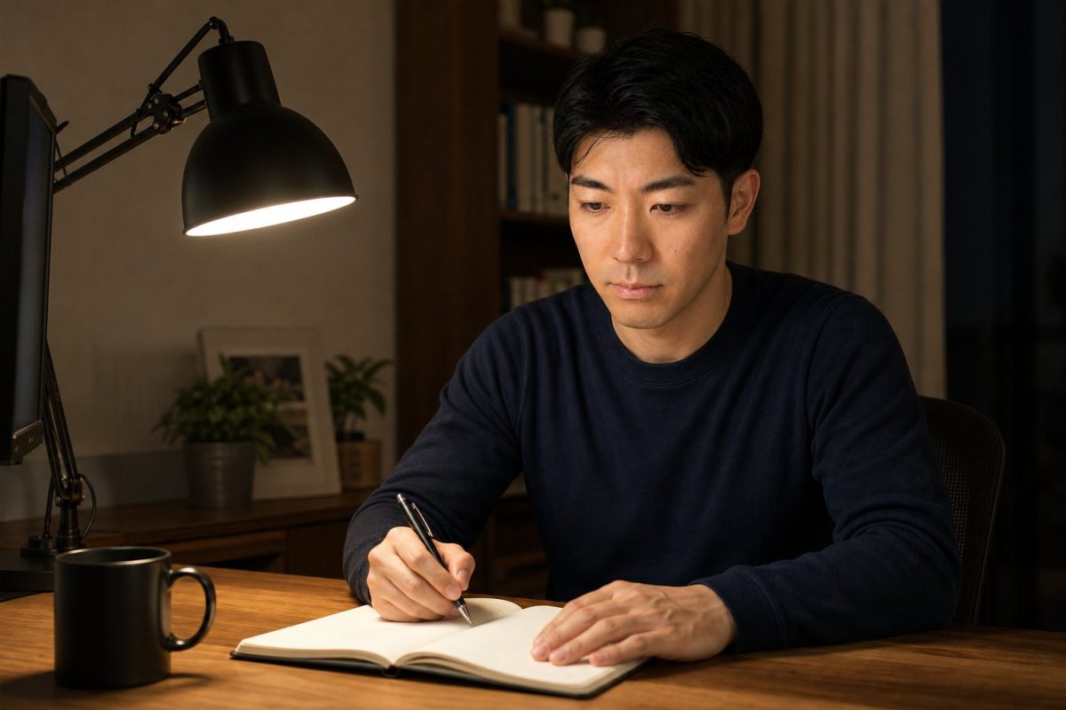 夜にデスクライトの下で日記を書く男性