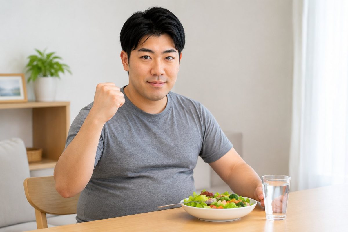 サラダでダイエットを決意する男性
