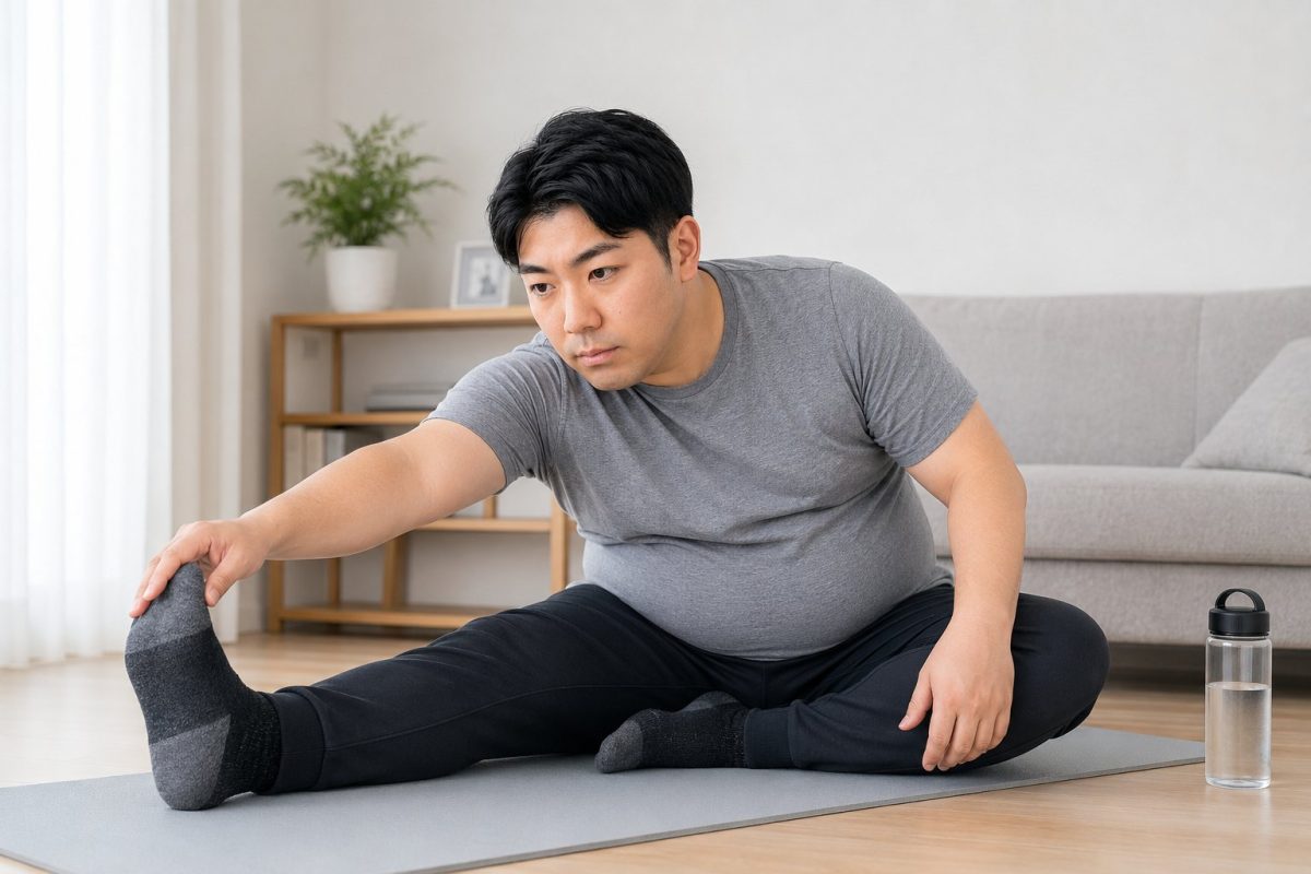 ヨガマットでストレッチする男性