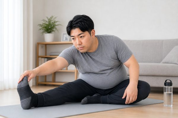 ヨガマットでストレッチする男性