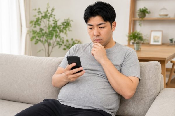 ソファでダイエットアプリを見る男性