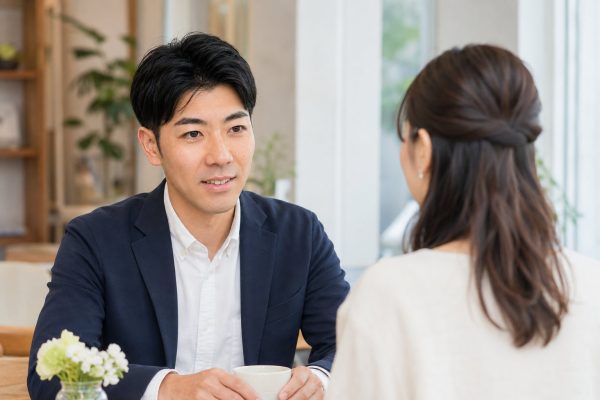 婚活パーティーで女性と話す男性