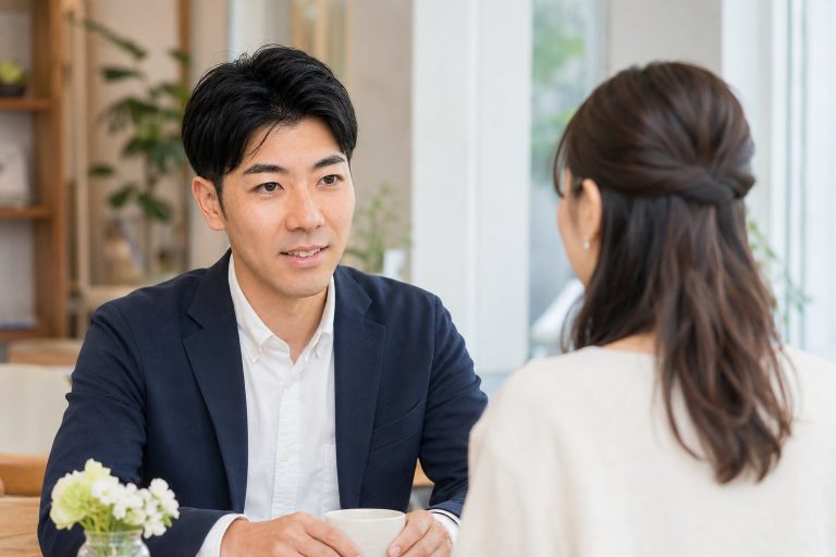 婚活パーティーで女性と話す男性