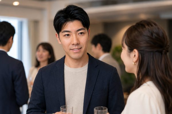 婚活パーティーで女性と歓談する男性