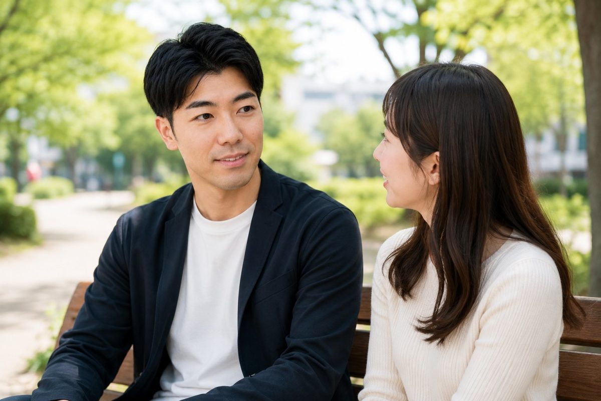 公園のベンチで語り合う二人