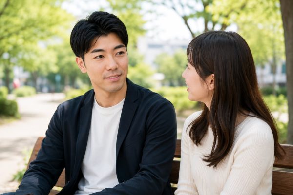 公園のベンチで語り合う二人