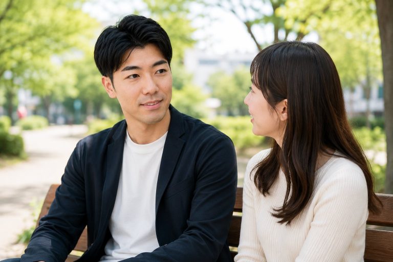 公園のベンチで語り合う二人
