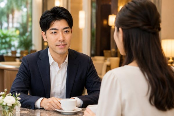 カフェでお見合いデートをする男性