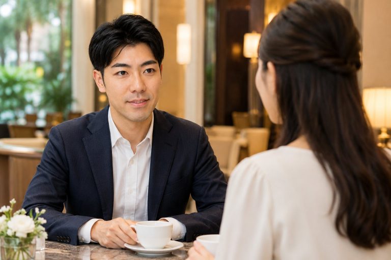 カフェでお見合いデートをする男性