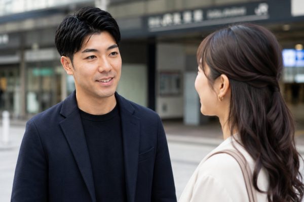 駅前で待ち合わせて挨拶する男性