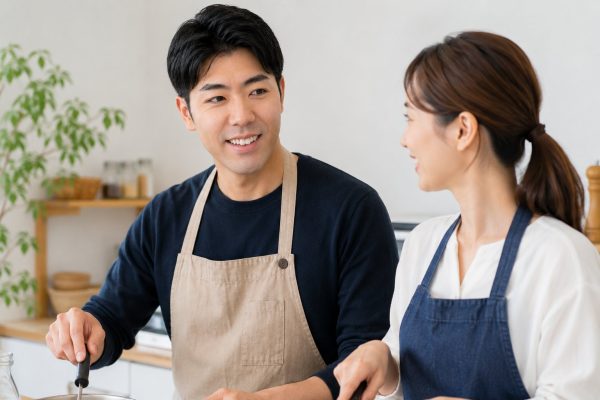 料理教室で女性と並ぶエプロン姿の男性