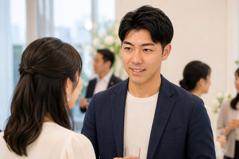 婚活イベントで女性と談笑する男性