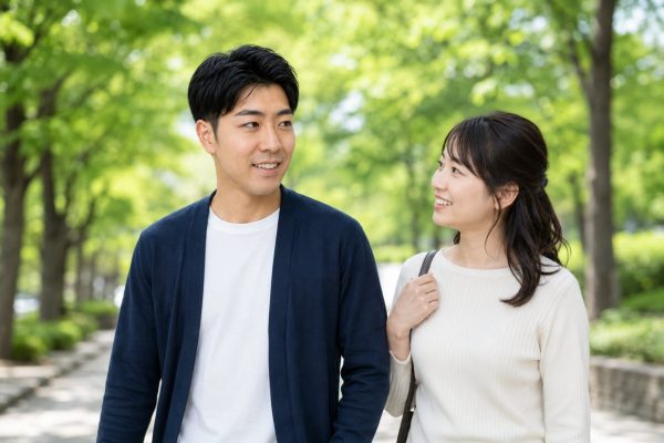 緑の並木道をデートで歩く二人