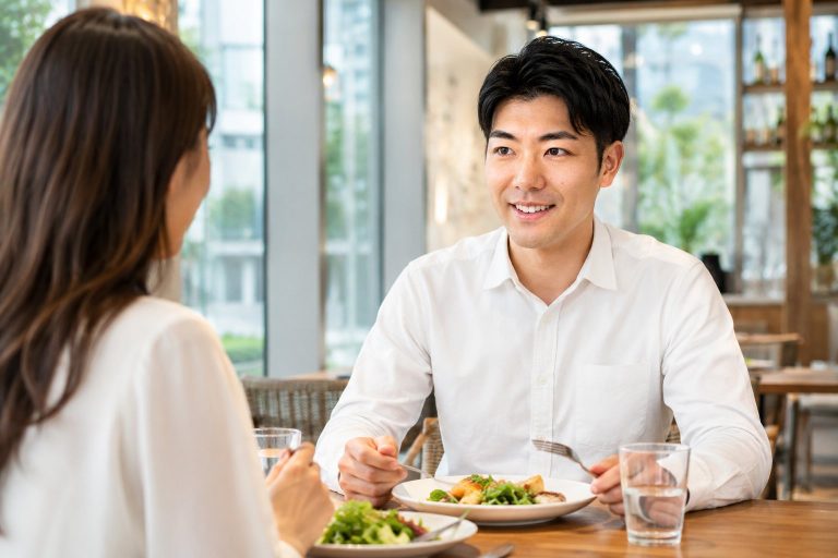 ランチデートで食事する男性