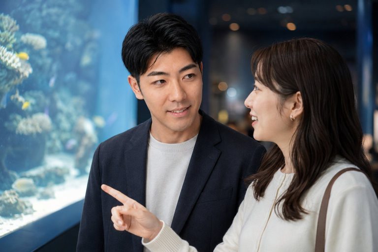 水族館デートで水槽を指差す男性
