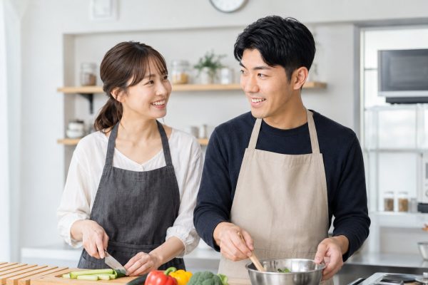 キッチンで一緒に料理をする二人