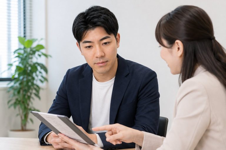 相談員とタブレットで条件を確認する男性