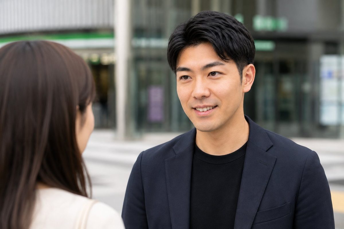 街角で女性と向き合って話す男性