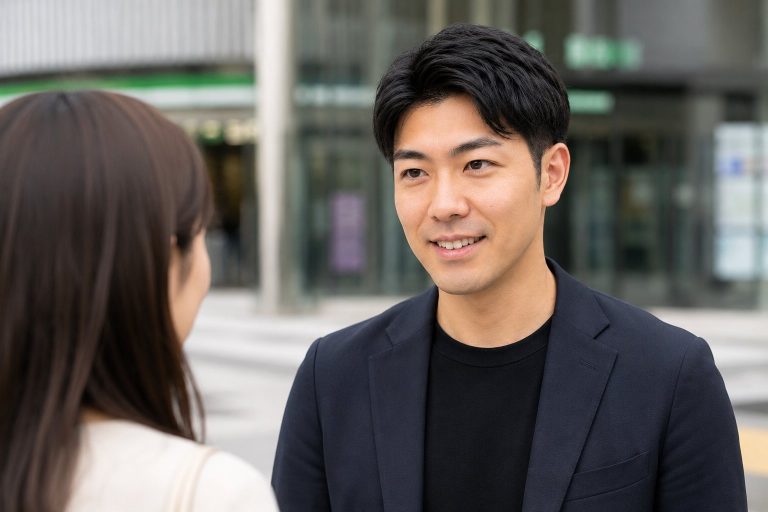 街角で女性と向き合って話す男性