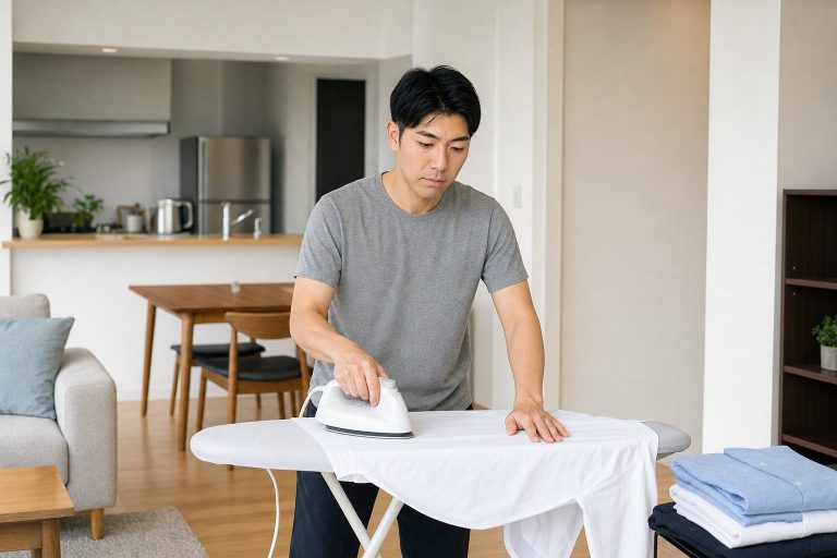 ワイシャツにアイロンをかける男性