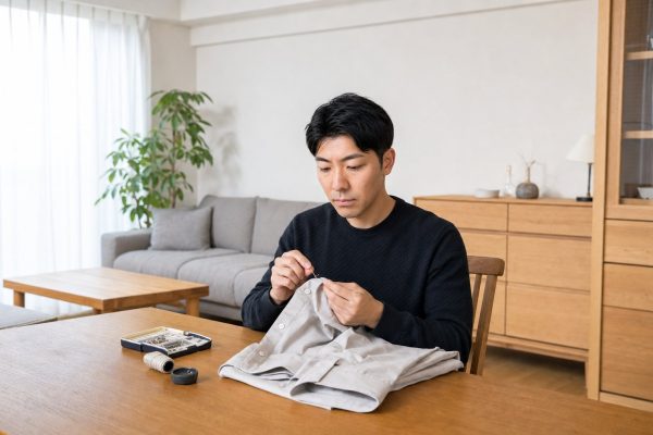 シャツのボタンを付け直す男性