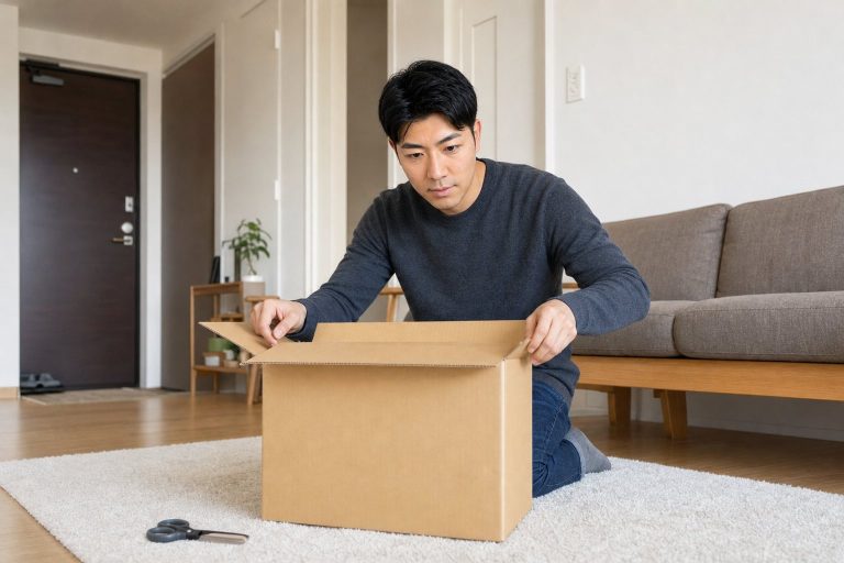 届いた宅配便を開ける男性