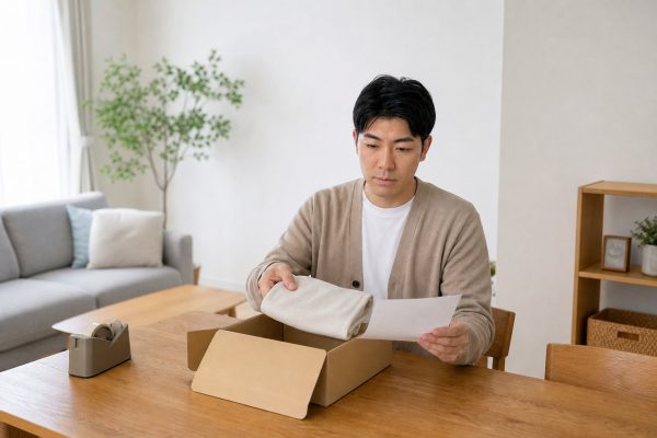 通販の返品準備をする男性