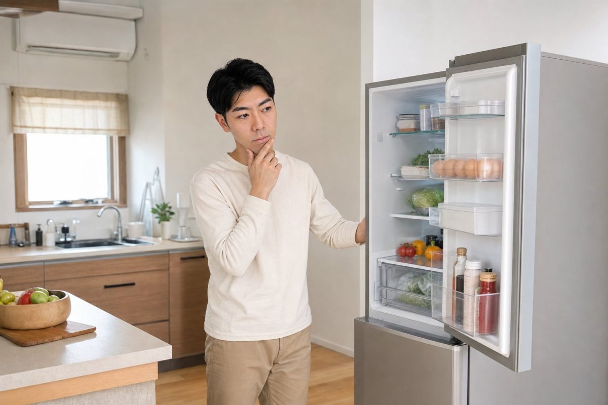 冷蔵庫の中身から献立を考える男性