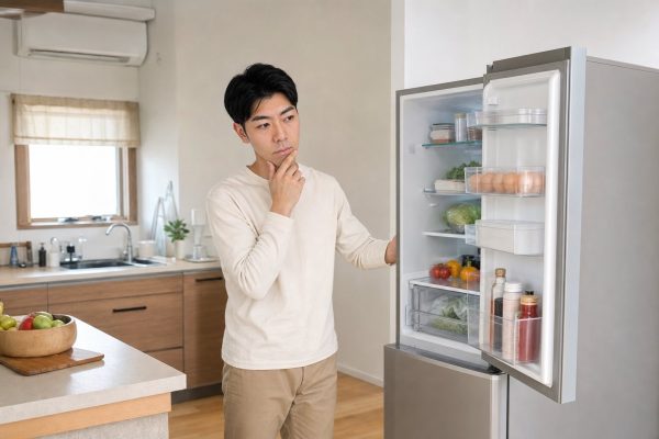 冷蔵庫の中身から献立を考える男性