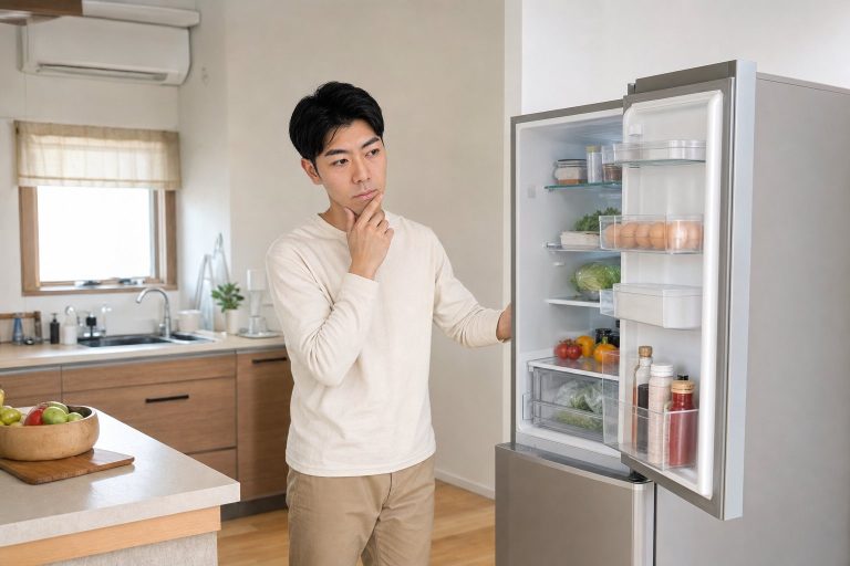 冷蔵庫の中身から献立を考える男性