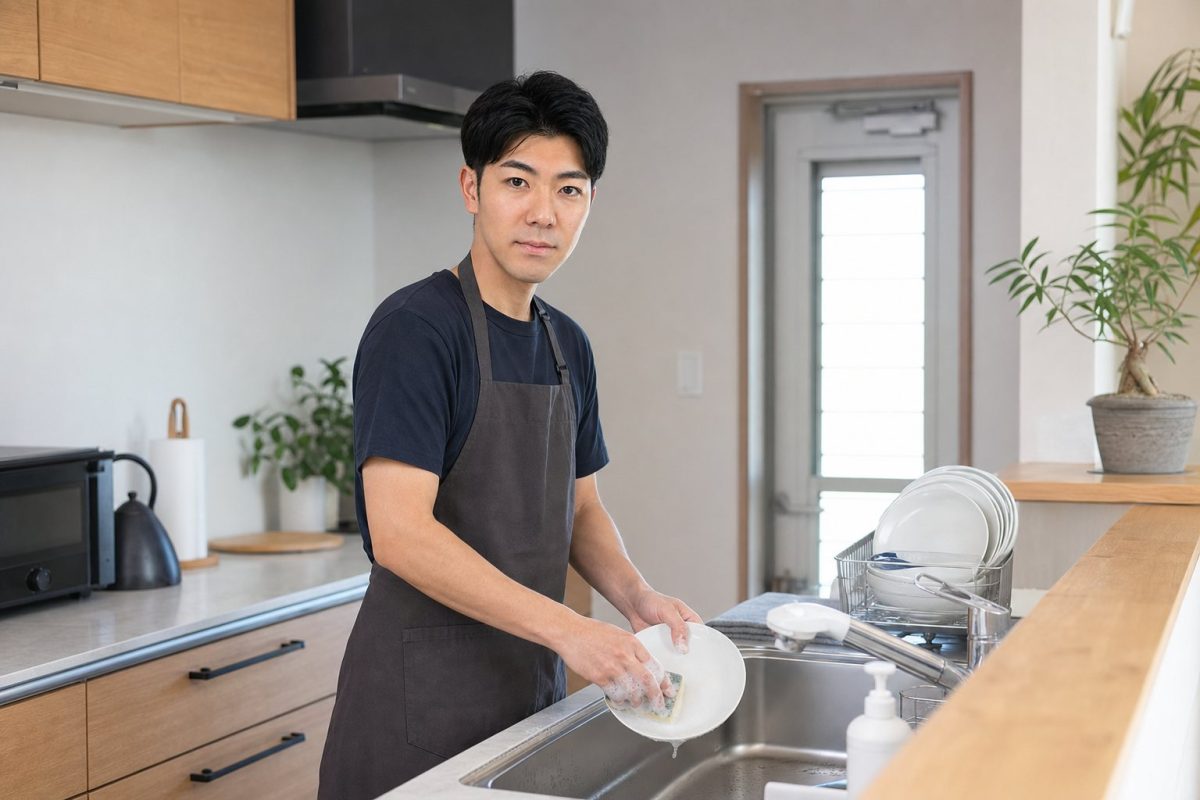 食器を洗う男性