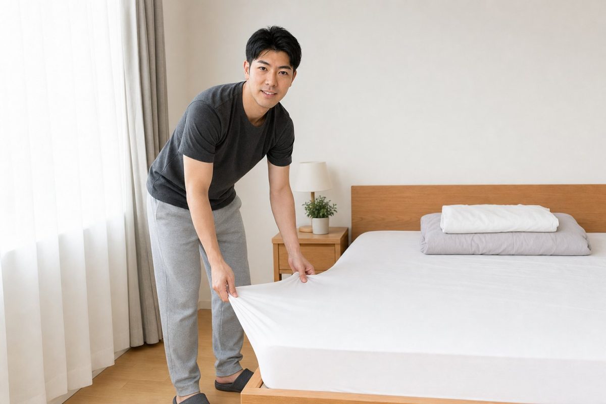 ベッドのシーツを取り替える男性