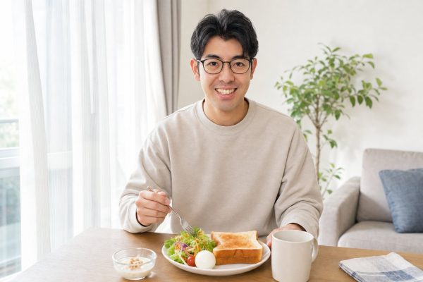 健康的な朝食をとる男性