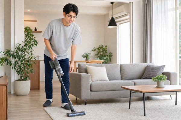 掃除機で部屋を整える男性