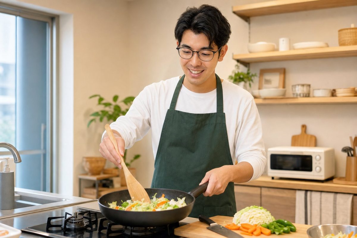 野菜を刻んで料理する男性