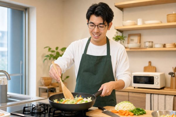野菜を刻んで料理する男性