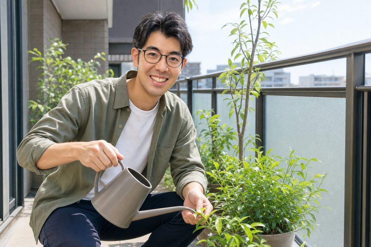 ベランダの植物を世話する男性